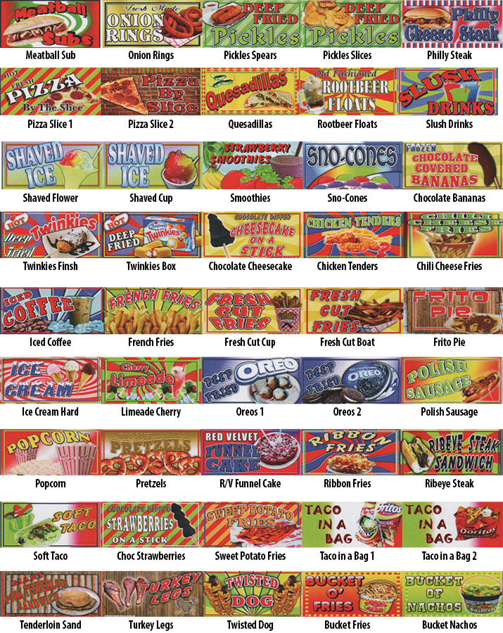 rectangular concession food signs for fairs, events and amusement parks.
