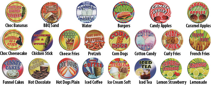 round hanging dangler concession food signs for fairs, events and amusement parks.
